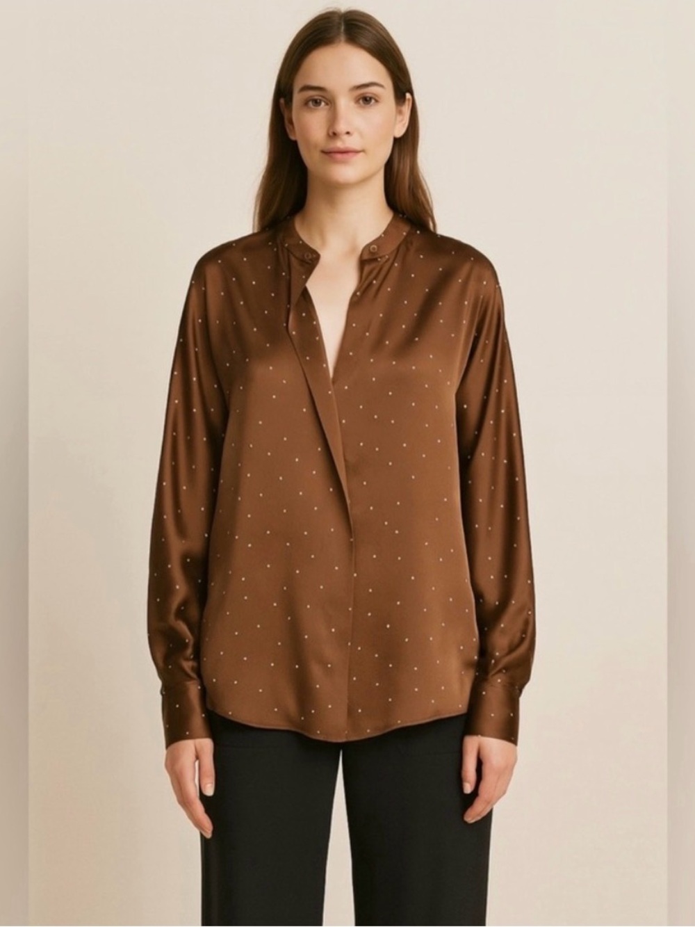 Vince Brown Satin Dot Long-Sleeve Blouse